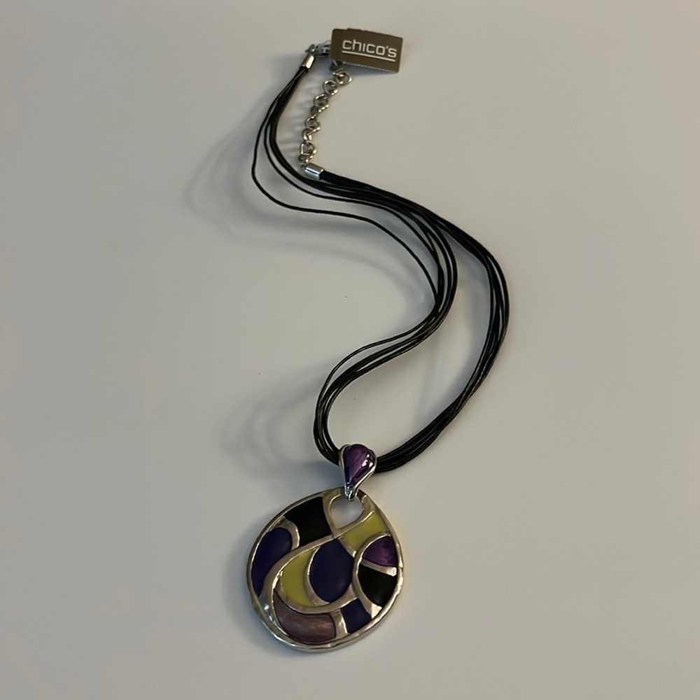Chico purple, blue, black and green mosaic necklace with five string chain. NWT.